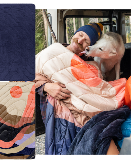 A person and their dog enjoying a moment with the fleece puffy blanket