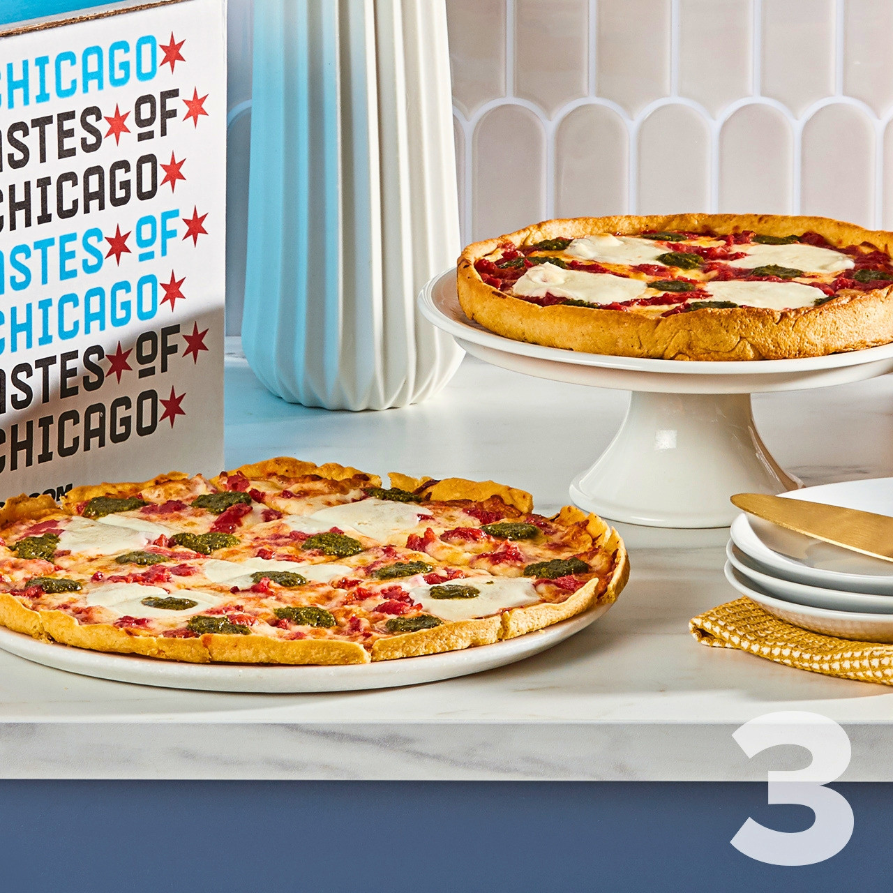 Image of 2 Margherita Pesto Pizzas Thin Crust Pizzas & 1 Deep Dish Pizza