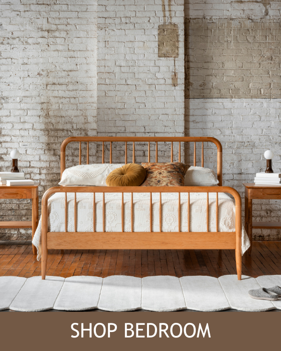 The Bates Bed in cherry with footboard. Paired with the Bates Side Tables.