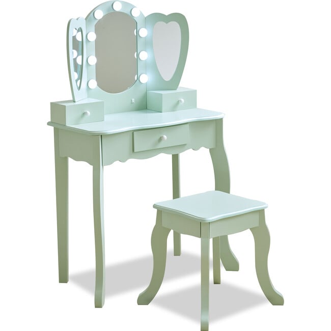 Image of Teamson Kids Heart Glow Wooden Vanity Set with LED Lights Mirror & Stool, Sage Green