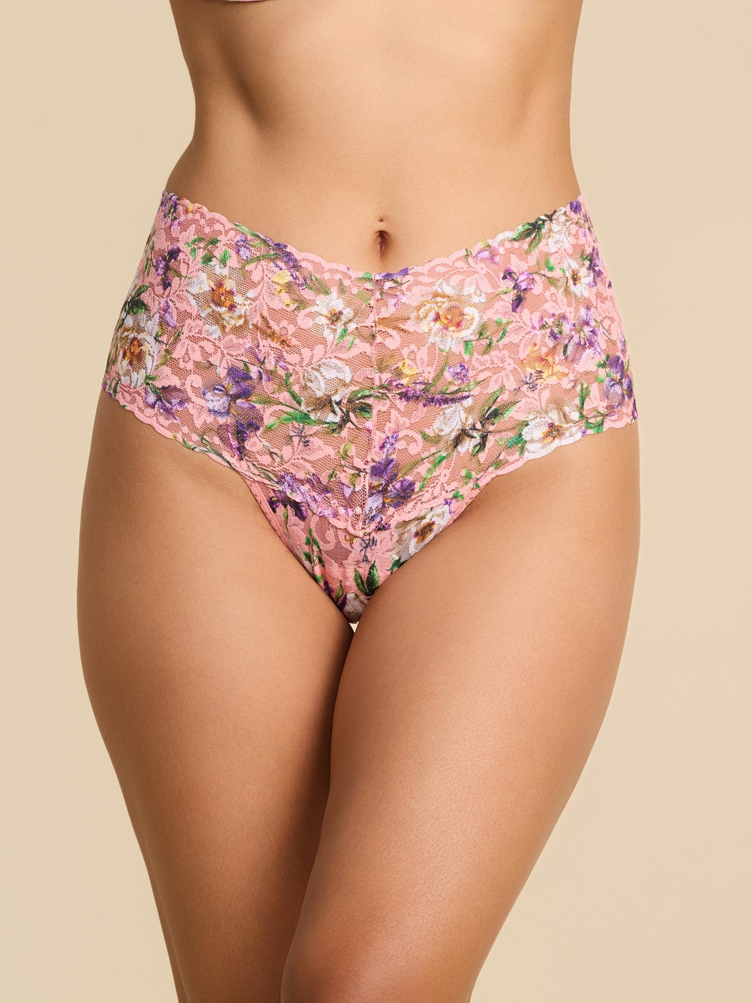 Image of Printed Retro Lace Thong Fawning Flora Coral Pink