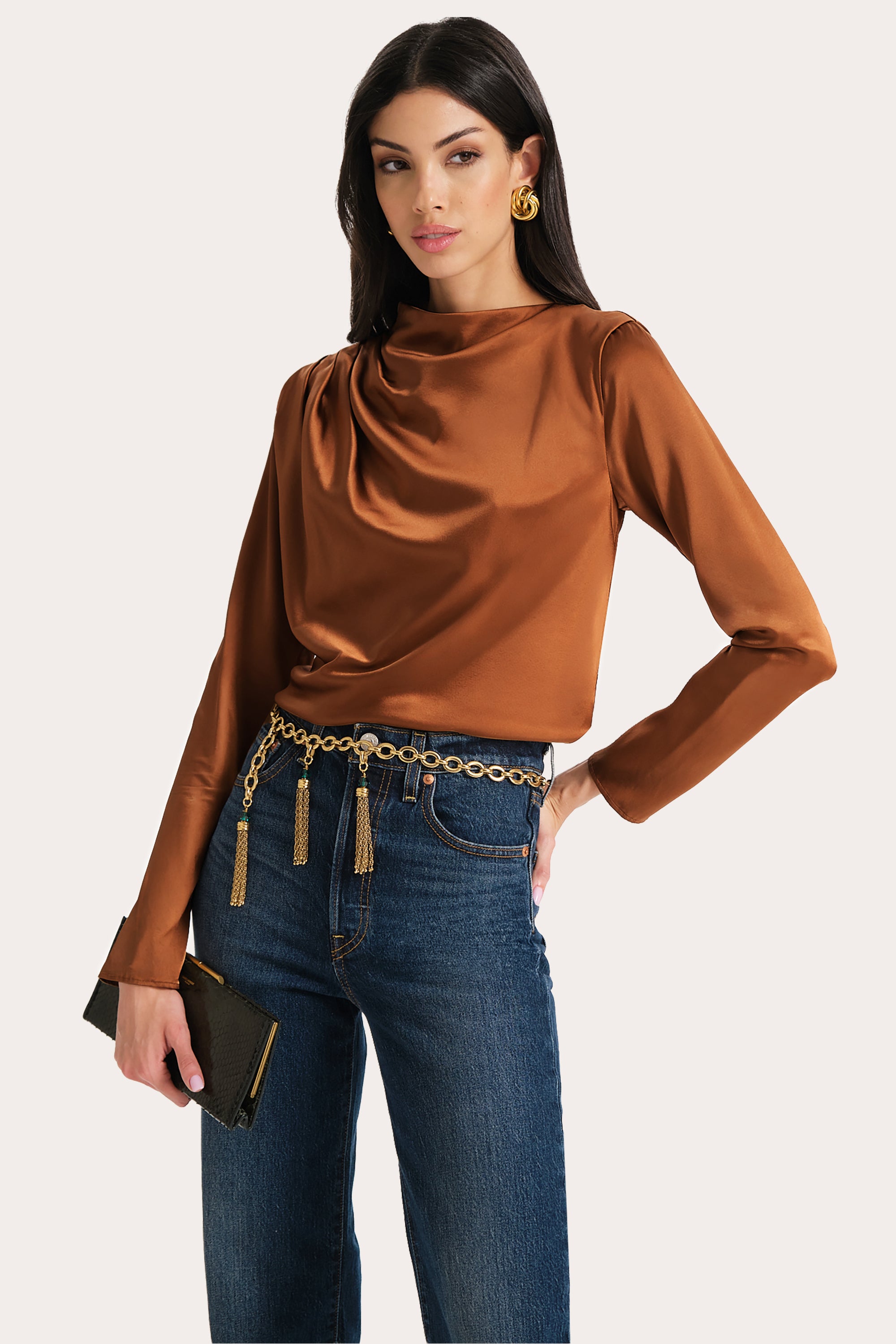 Image of Leah Silk Charmeuse Ruched Long Sleeve Shirt