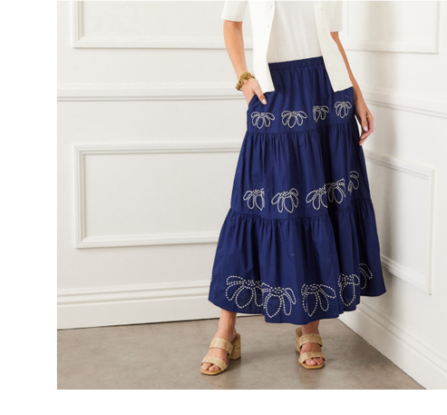 Embroidered Tiered Midi Skirt