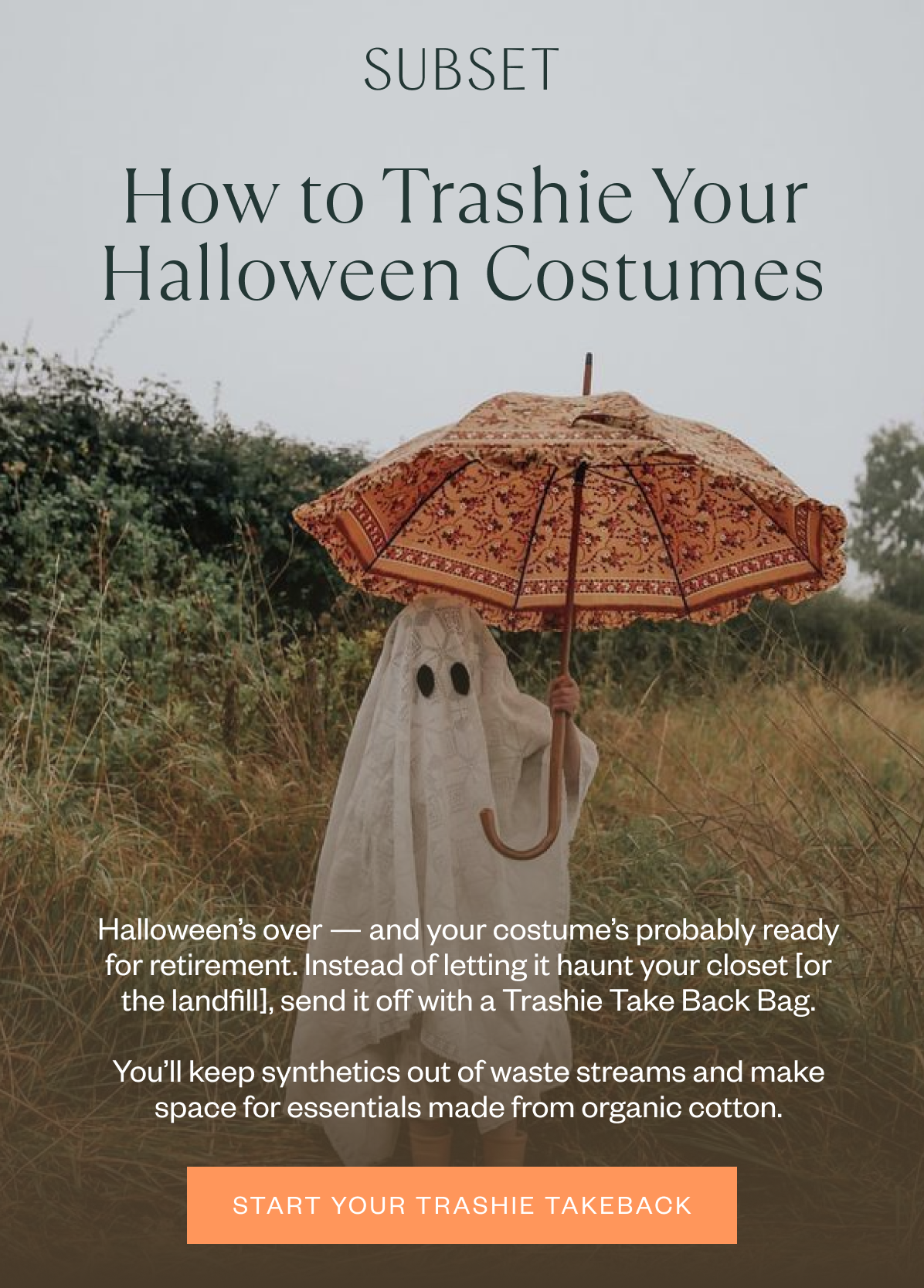 Ghost costume under umbrella promoting Trashie Take Back for Halloween recycling.