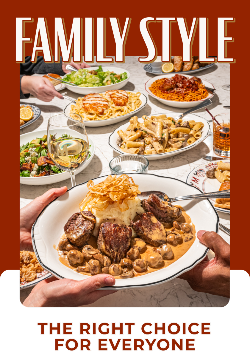 Patrons pass a dish of Maggiano’s Beef Tenderloin Medallions over a full table of Maggiano’s entrées. Headline reads: Family Style. The Right Choice for Everyone