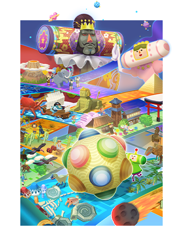 Key art for Once Upon a KATAMARI depicting a brightly colored landscape of game locations and characters.