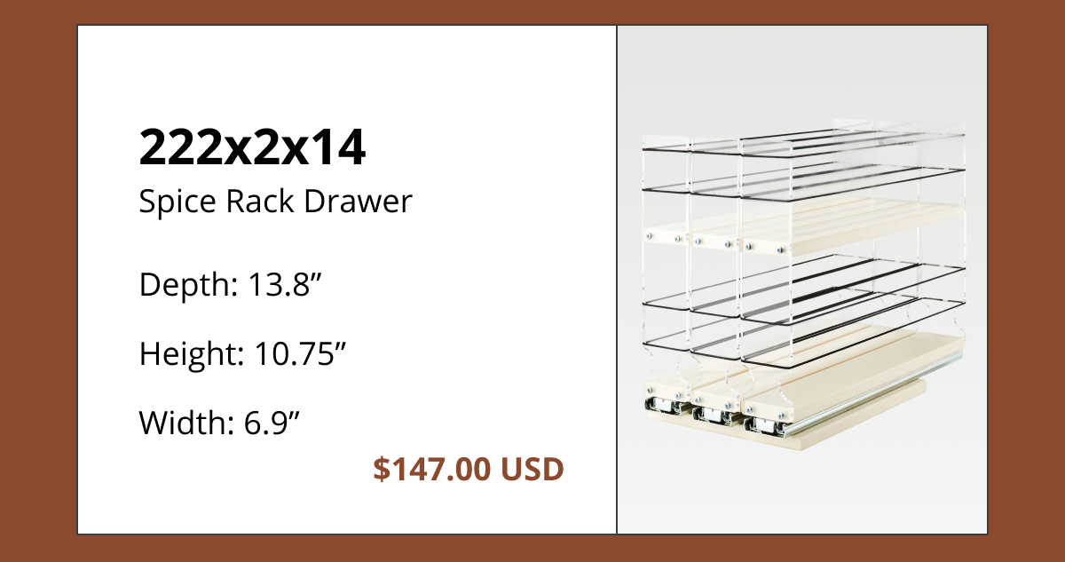 Vertical Spice 222x2x14 deep spice rack drawer showing expanded storage capacity for kitchen cabinet