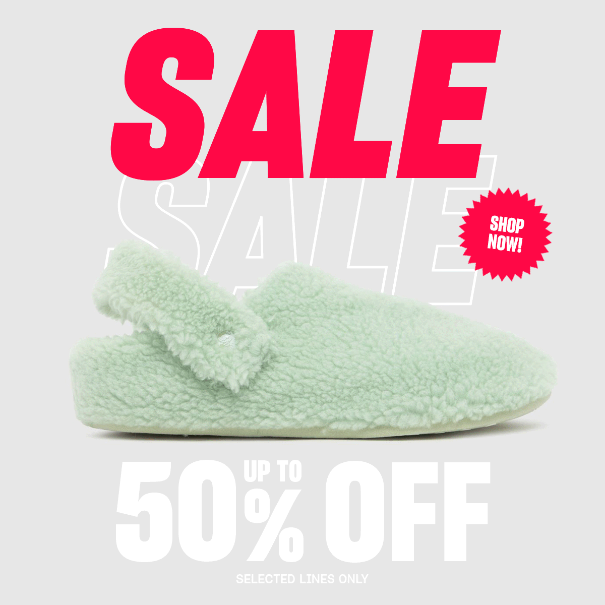 An GIF of a women's green Crocs slipper, a men's grey Converse trainer and a kid's leopard print Crocs clog of text stating 'Sale Up to 50% Off Selected Lines Only. Tap to Shop the Offers'