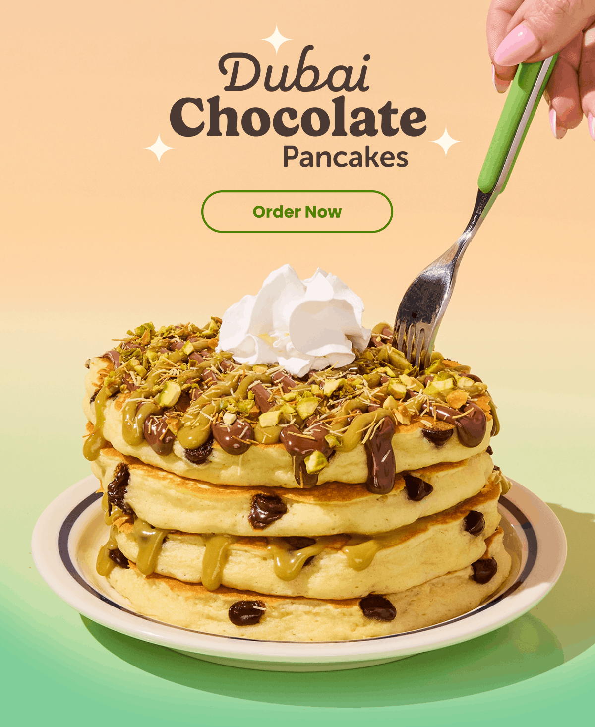 Dubai Chocolate Pancakes on a plate with a handheld fork pressing into them. Also shown is a Dubai Chocolate pancake combo and the Dubai Chocolate Milkshake