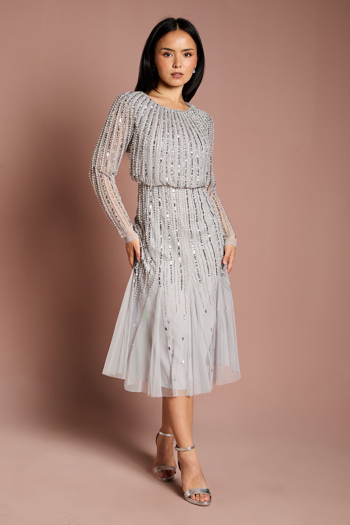 Petite Party Sequin Long Sleeve Midi Dress
