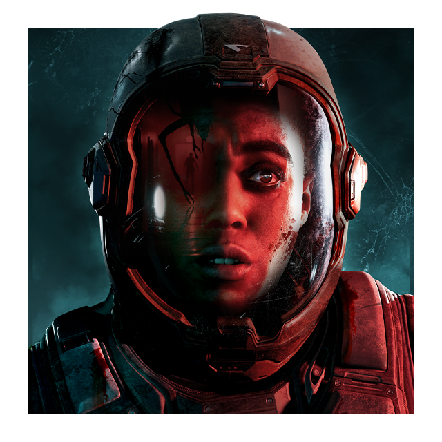 Key art for Directive 8020 depicting an astronaut gazing past the viewer, their helmet reflecting a mysterious silhouette.