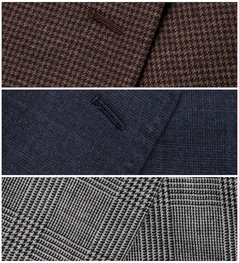 Close-up images of puppytooth and plaid patterned suit materials.