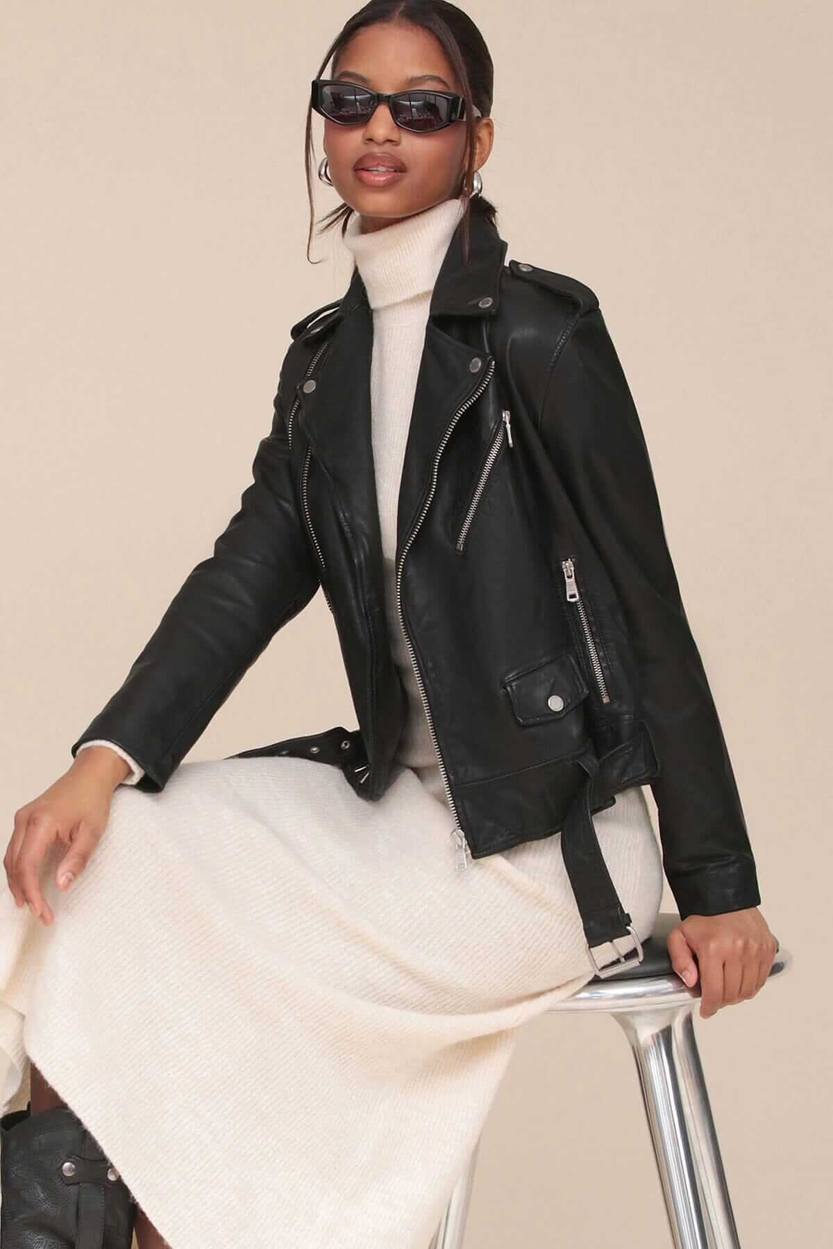 Image of Genuine Leather Belted Biker Jacket