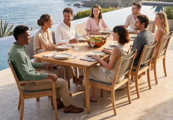 Image of friends dining together at a teak table beside an oceanfront pool