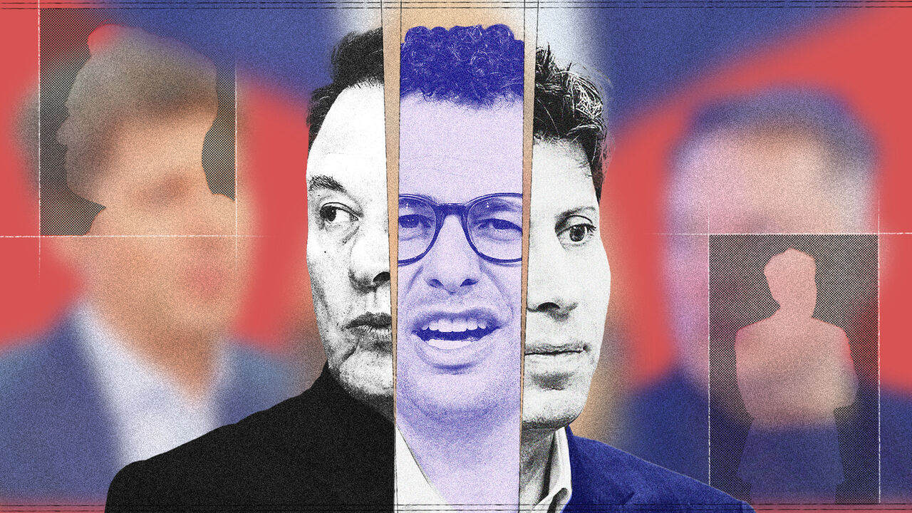  collage illustration featuringDario Amodei, Sam Altman and Elon Musk