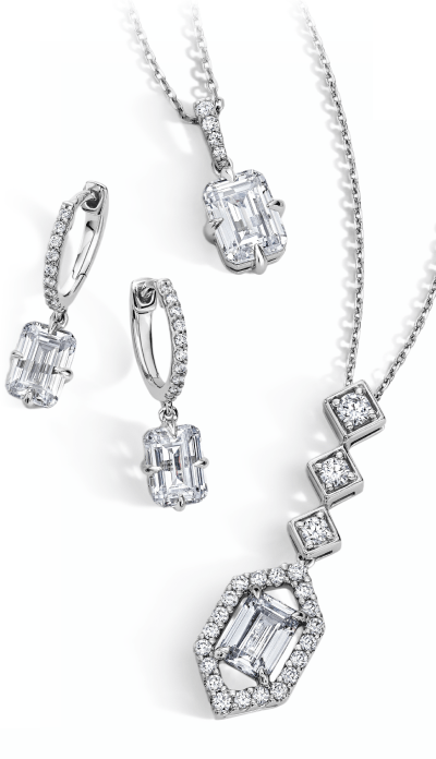 A collection of two necklaces and two earrings, all with round and square cut diamonds.