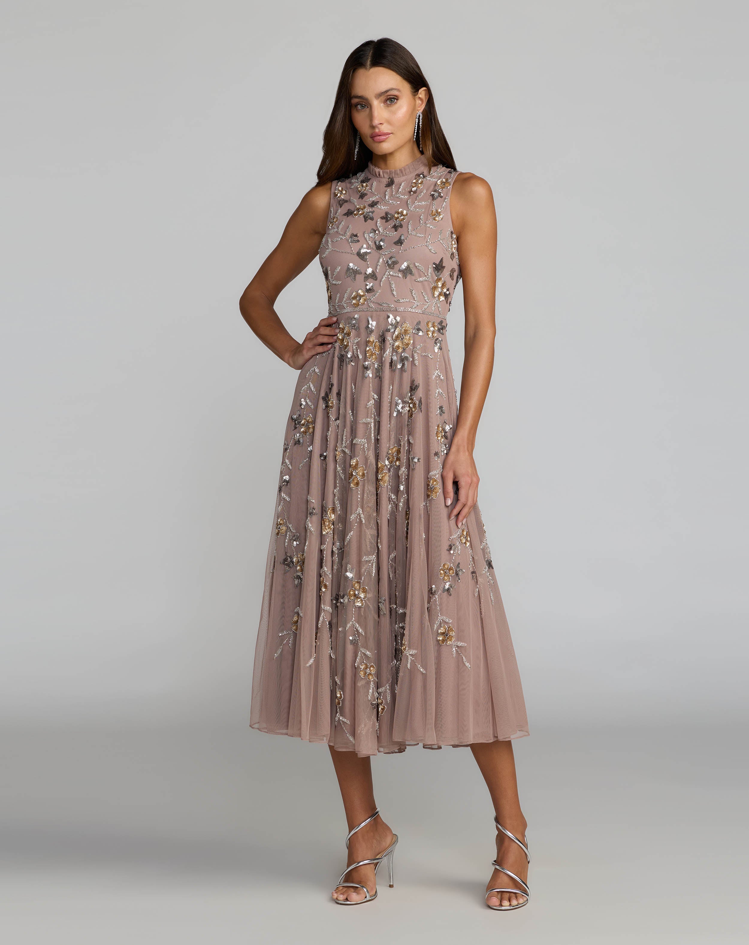 Image of Petite Pink Embellished High Neck Sleeveless Midi Dress