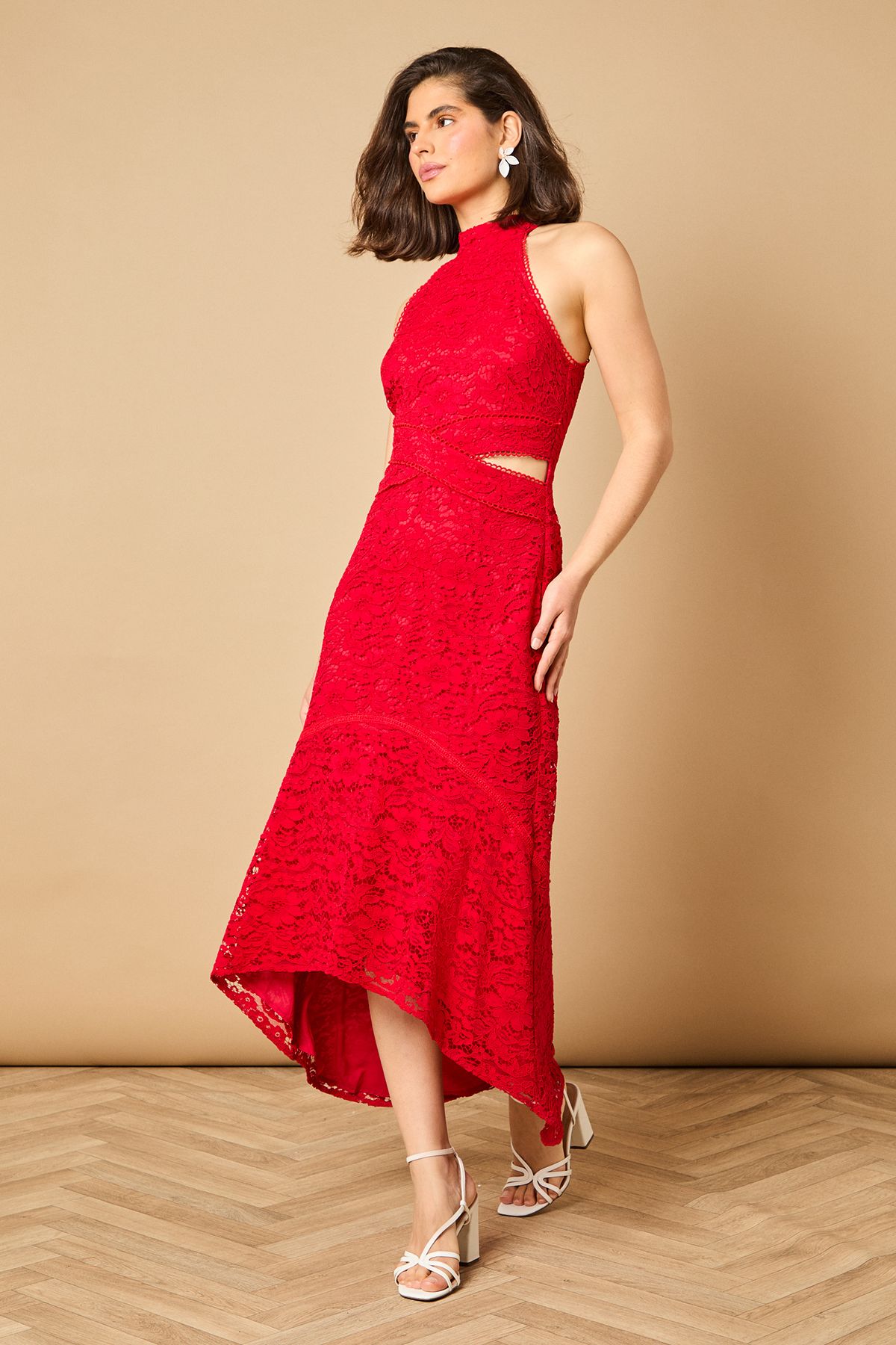 Lace Detail High Low Halterneck Midi Dress