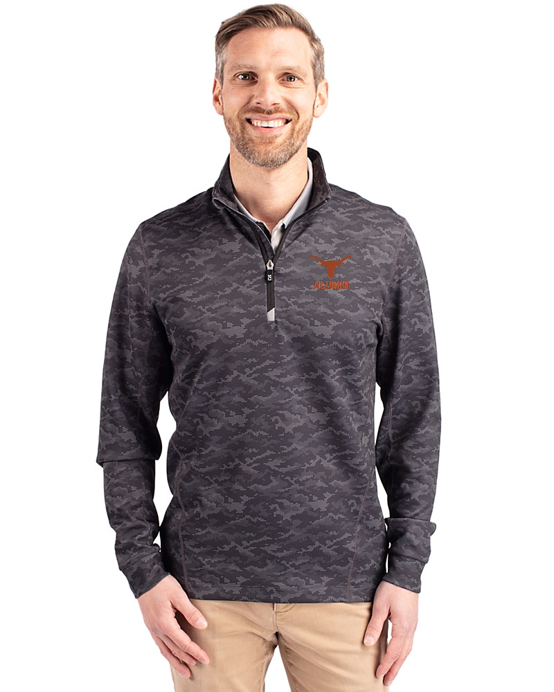 Image of Texas Longhorns Alumni Cutter & Buck Traverse Recycled Smooth&nbsp;Stretch&nbsp;Mens&nbsp;Camo Quarter Zip Pullover