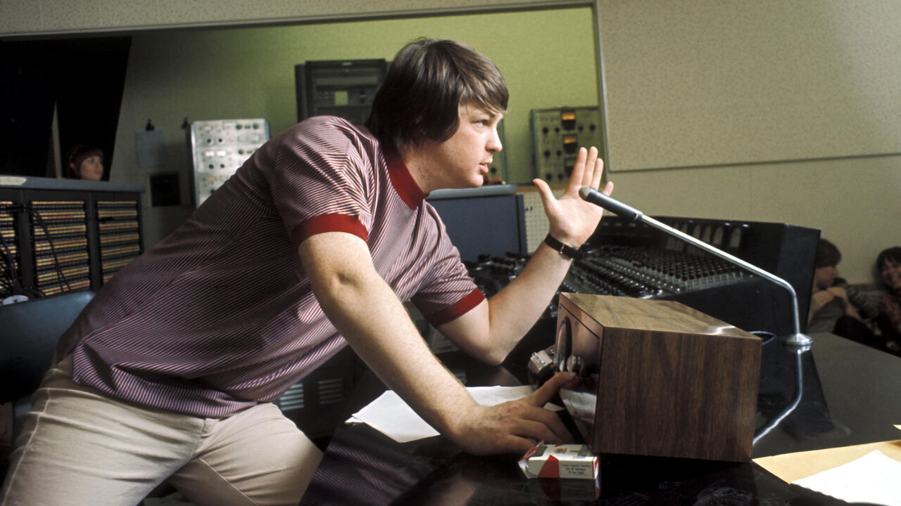 Singer and mastermind Brian Wilson of the rock and roll band The Beach Boys directs from the control room while recording the album Pet Sounds in 1966 in Los Angeles.