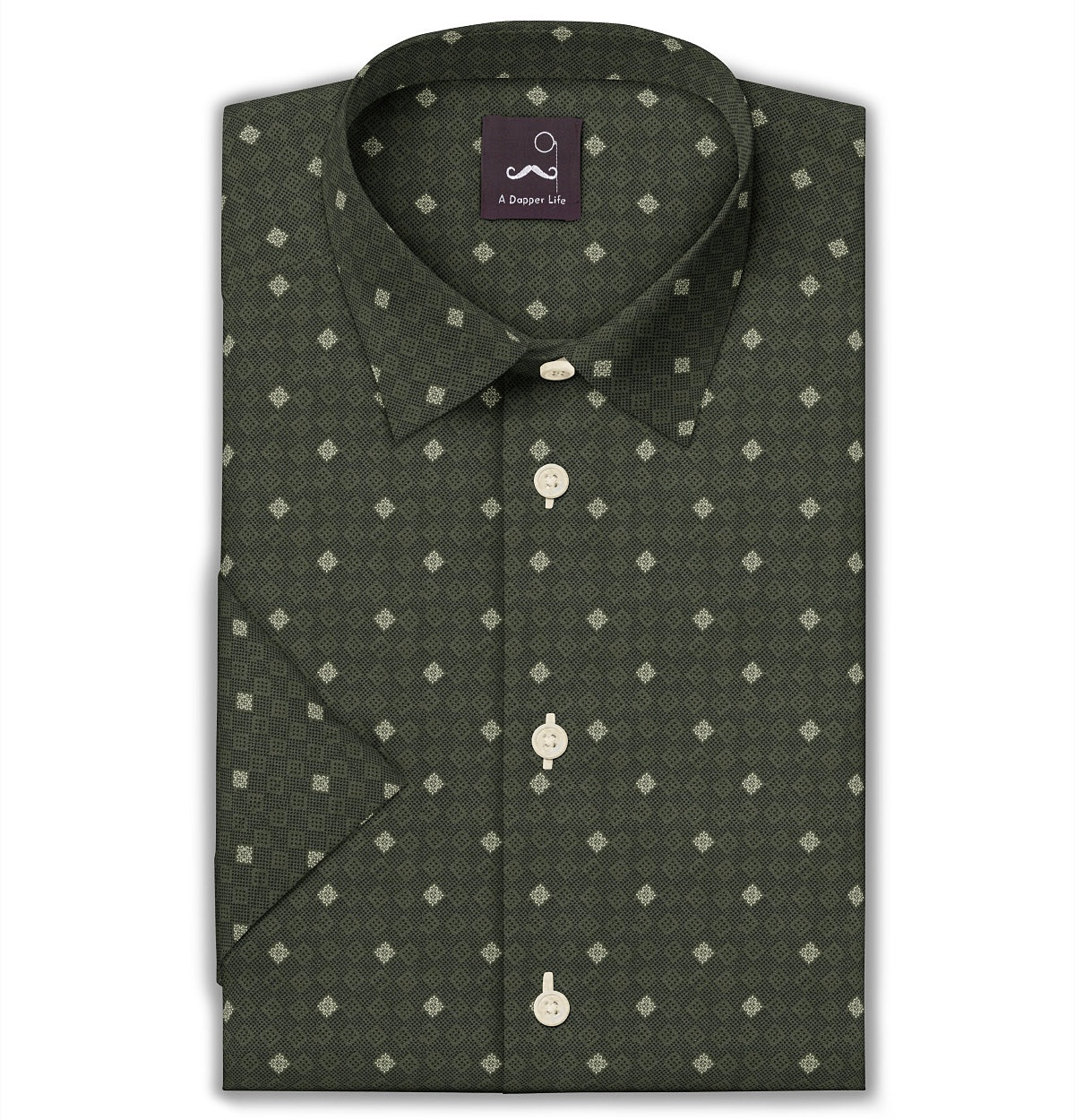 Image of Pure Cotton - Semi-Spread Collar - Short Sleeve - Moss Tile