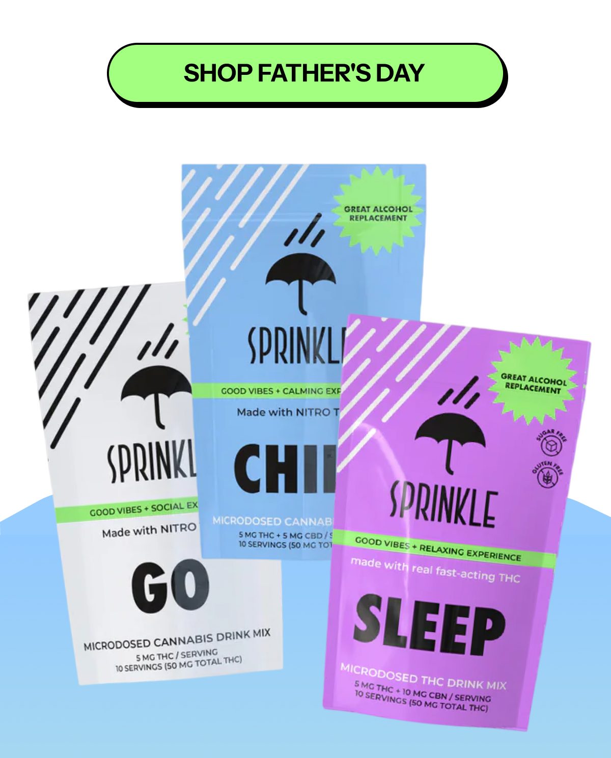 Three packets of Sprinkle cannabis drink mix: Go, Chill, and Sleep.
