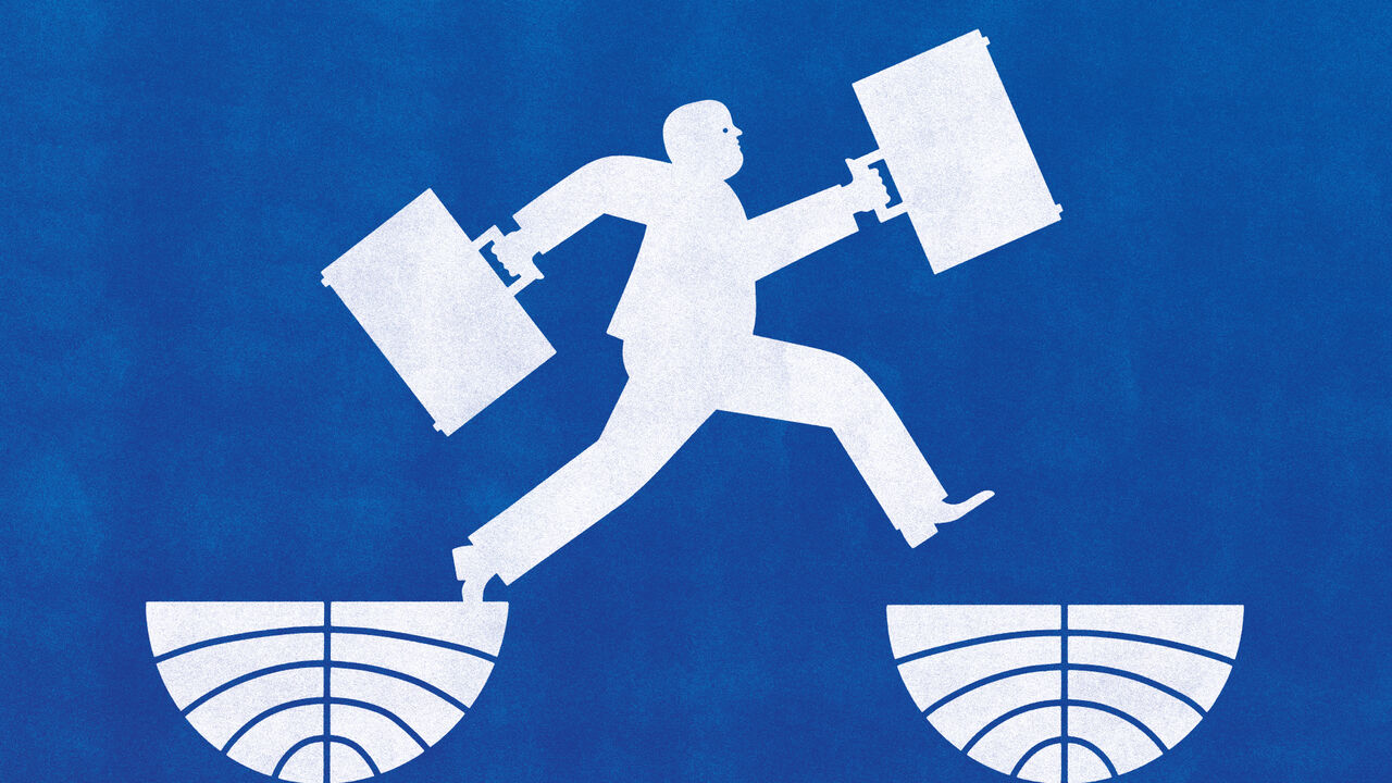 Illustration of a man carrying briefcases going from one half of the world to the other. 