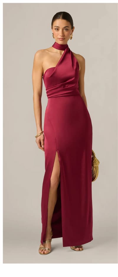 Stretch Satin Asymmetrical Halter Gown In Crimson Haze