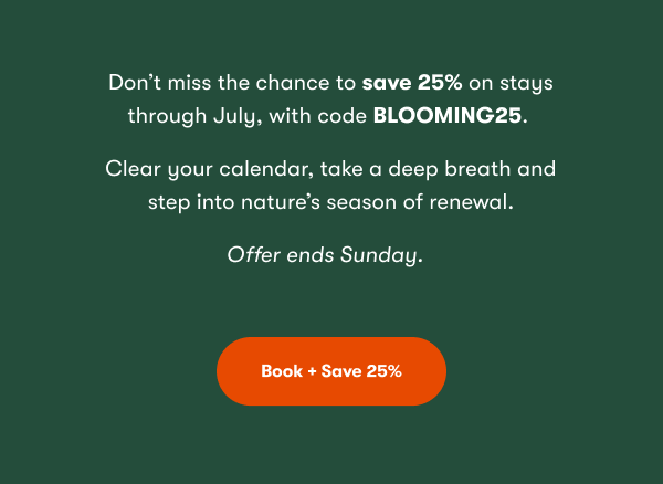 Don't miss the chance to save 25% on stays through July, with code BLOOMING25.