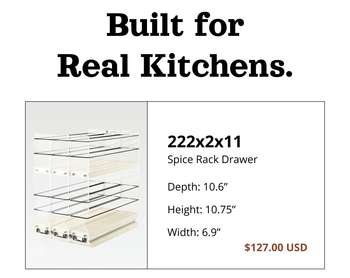Two-tier pull-out spice rack drawer organizer with metal rails and adjustable shelves, compact cabinet storage solution