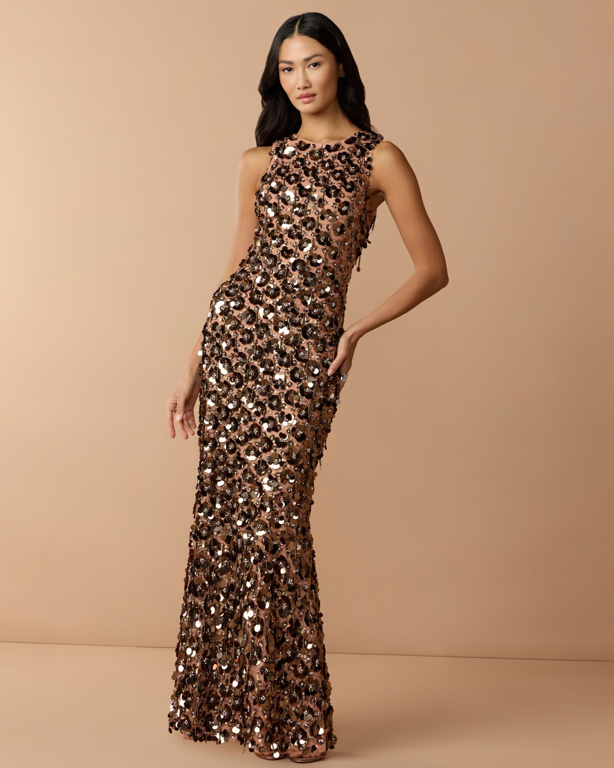 Image of Brown Sequin Embellished Sleeveless Gown With Beaded Fringe