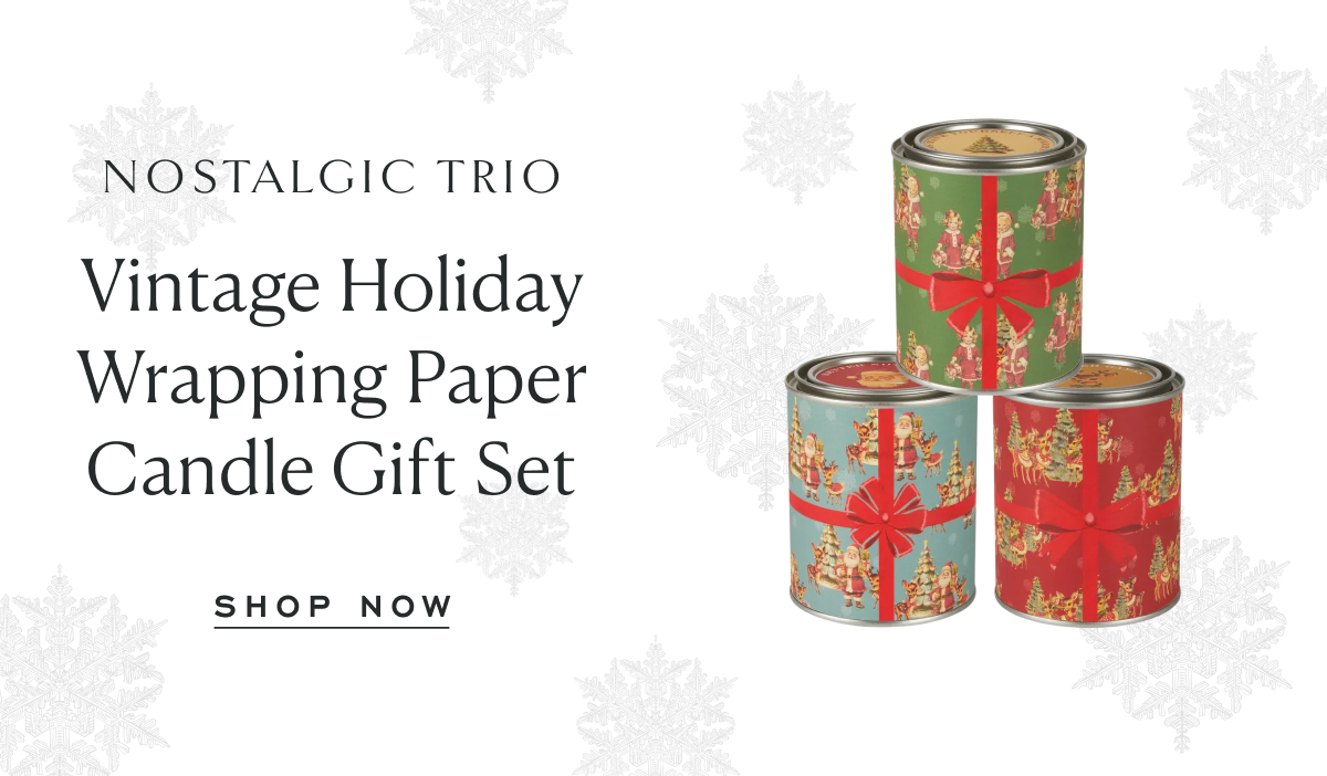 Nostalgic Trio. Vintage Holiday Wrapping Paper Candle Gift Set. Shop Now.