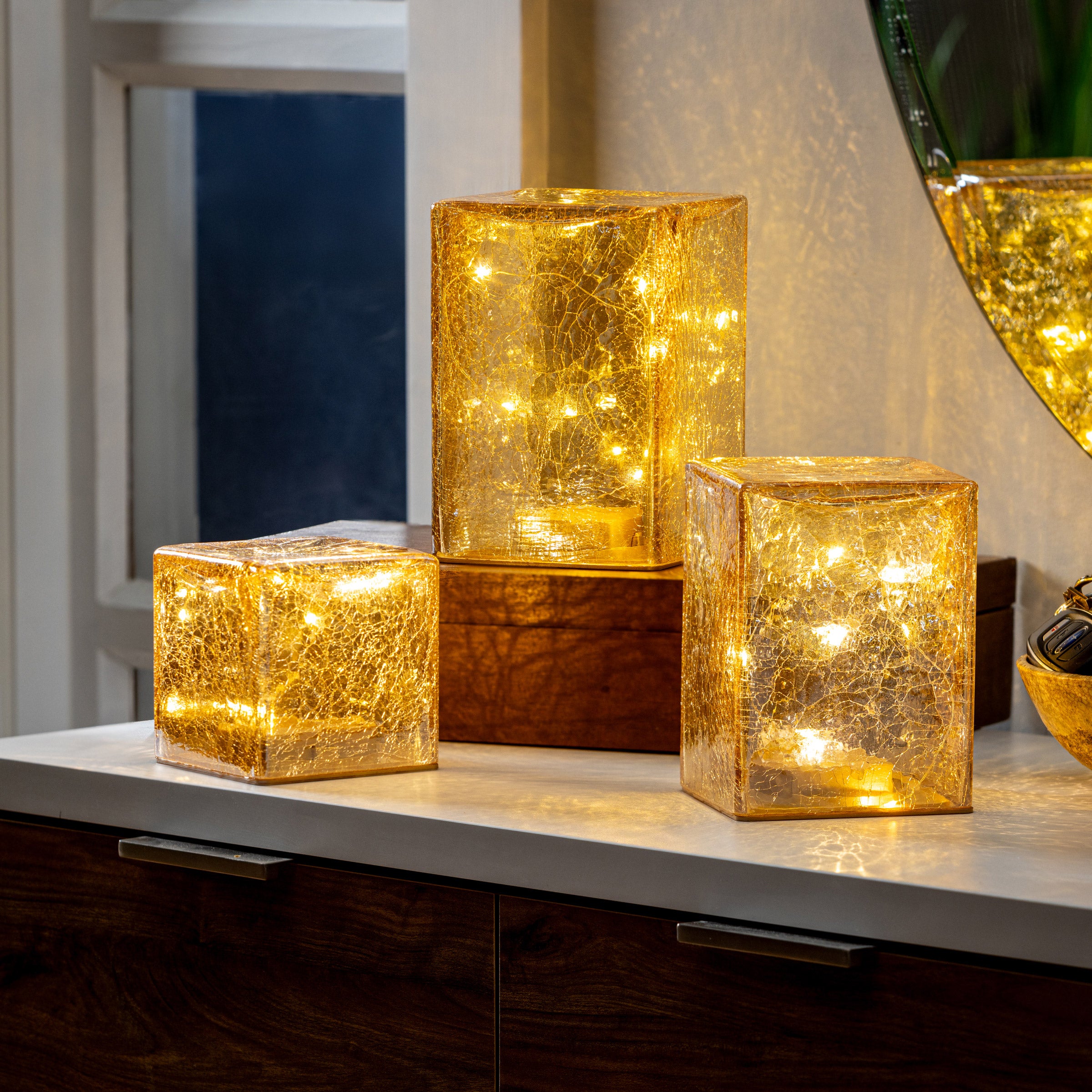 Evergreen LED Glass Cubes and Spheres Towers, Set of 3 