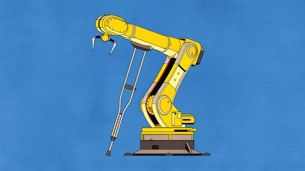 An illustration of a manufacturing robot in a crouched or strained position, symbolising the pressure placed on North-East Asian economies through their heavy dependence on manufacturing and export-led industries.