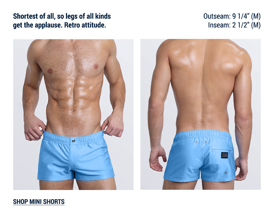 The Shorter Silhouette edit — DC2 Magnet Blue Mini Shorts featuring an ultra-short silhouette designed to showcase the legs.
