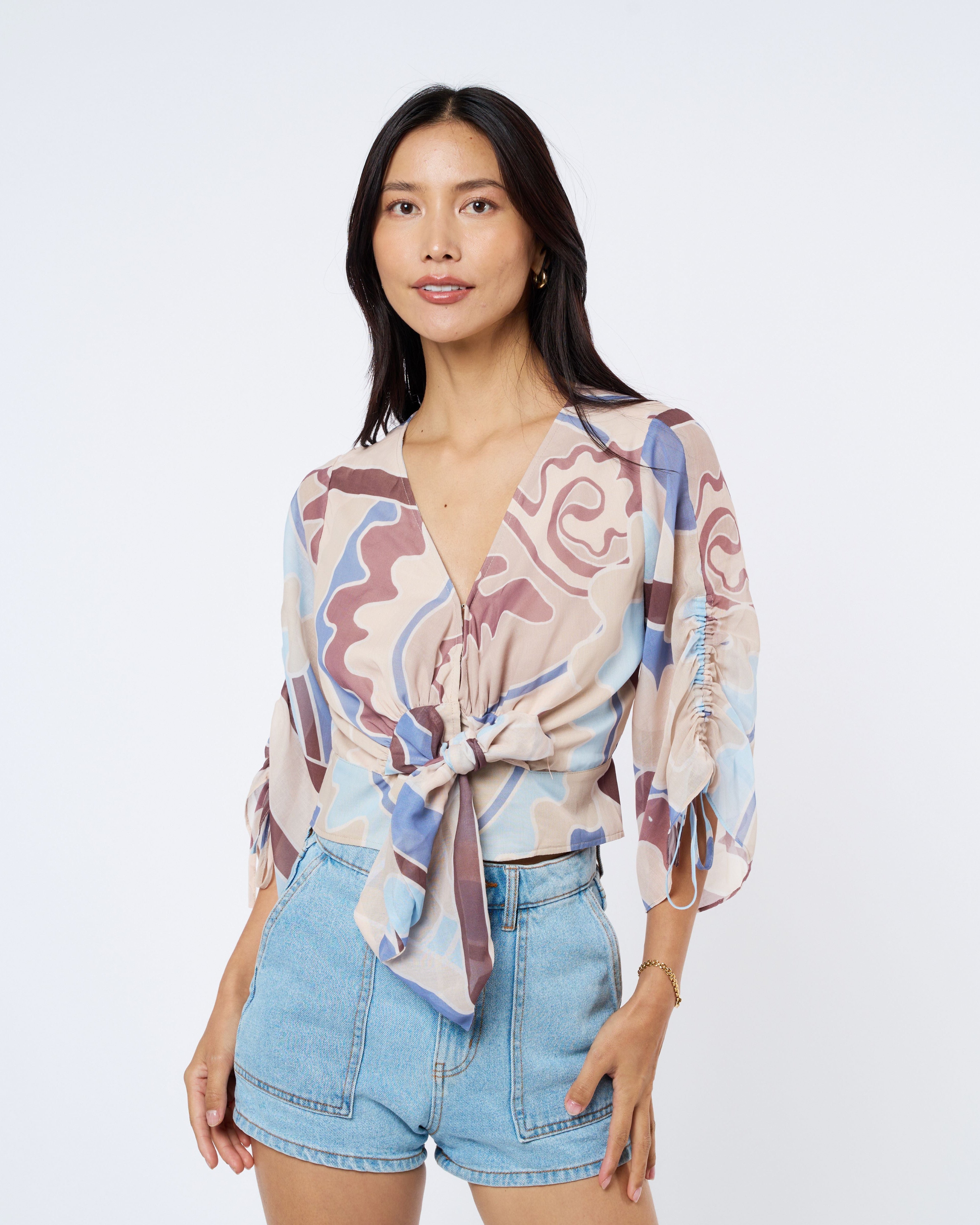 Image of Felly Ruched Sleeve Tie Front Top