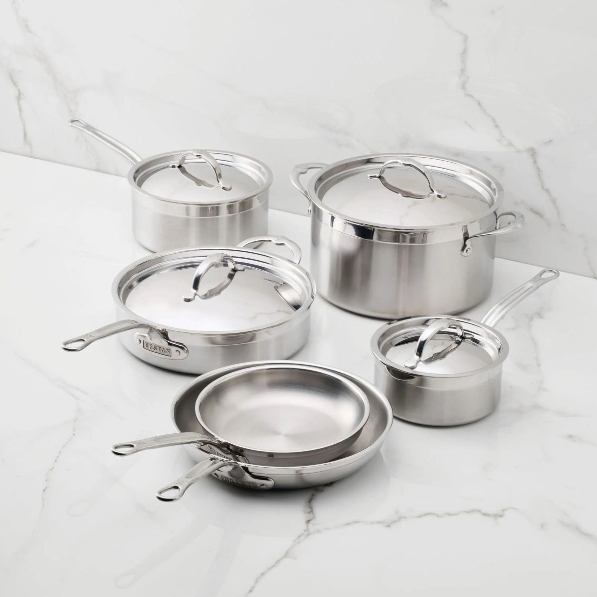 IMG: Brushed Clad Stainless Steel Ultimate Set, 10-piece on marble countertop