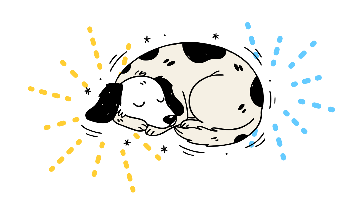 Illustration of a dog laying down shaking because of fireworks