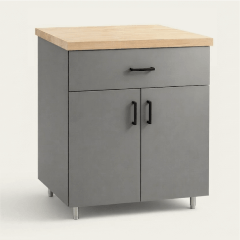 Gray garage cabinet with wood top and storage.