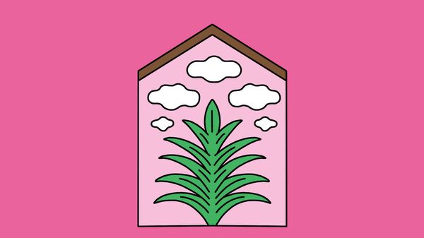 Illustration of a house silhouette with a big plant and clouds inside