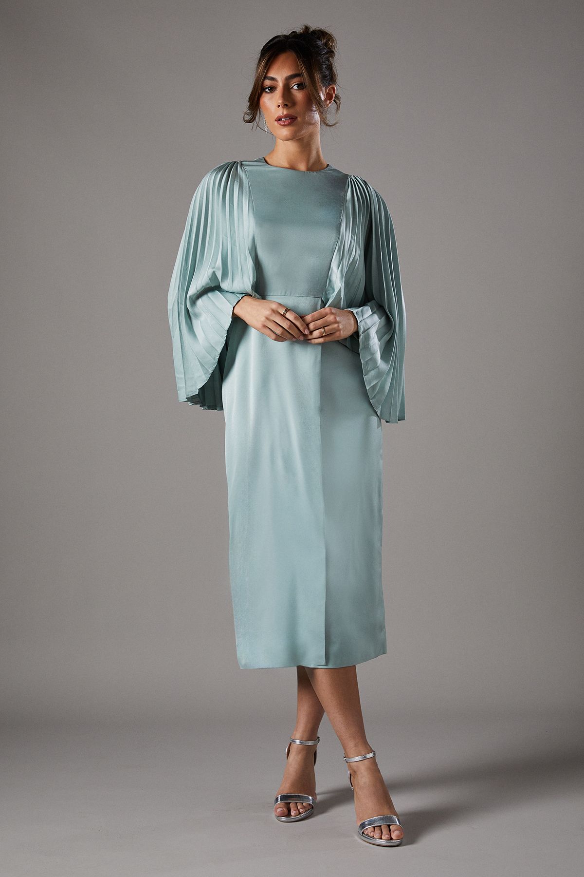 Pleated Sleeve Satin Gown