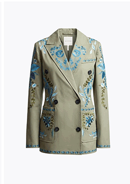Floral Embroidered Stretch Cotton Twill Double-Breasted Blazer