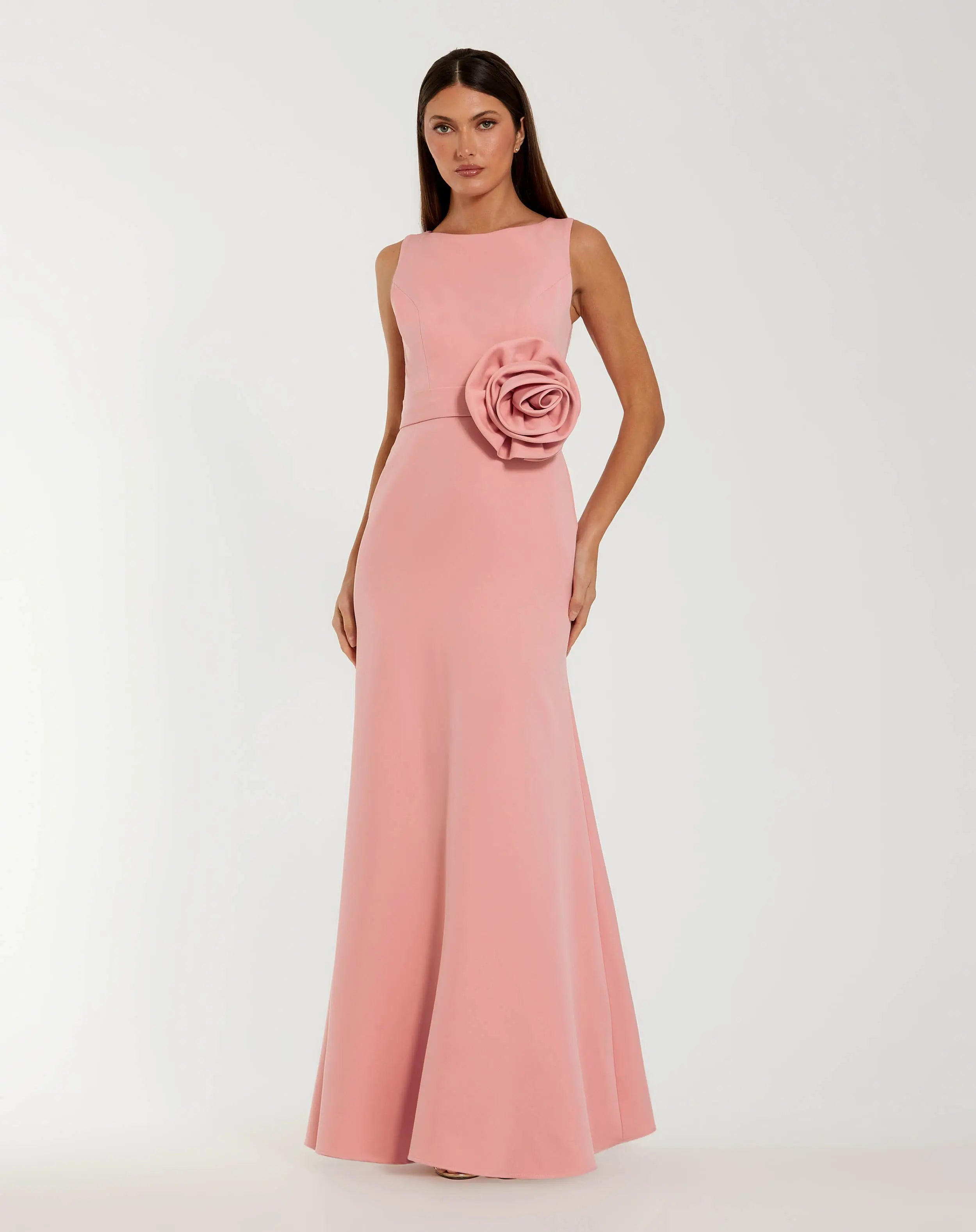 Image of Pink Boat Neck Crepe A Line Gown With Flower