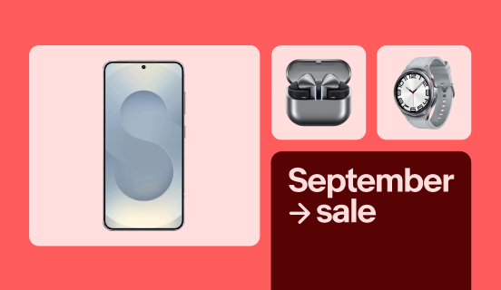 A Samsung Galaxy S25, a pair of Samsung Galaxy Buds3 Pro, and a Samsung Galaxy Watch6 sit on light-pink tiles against a coral background. Text reading 'September sale,' sits on a separate dark-red tile.