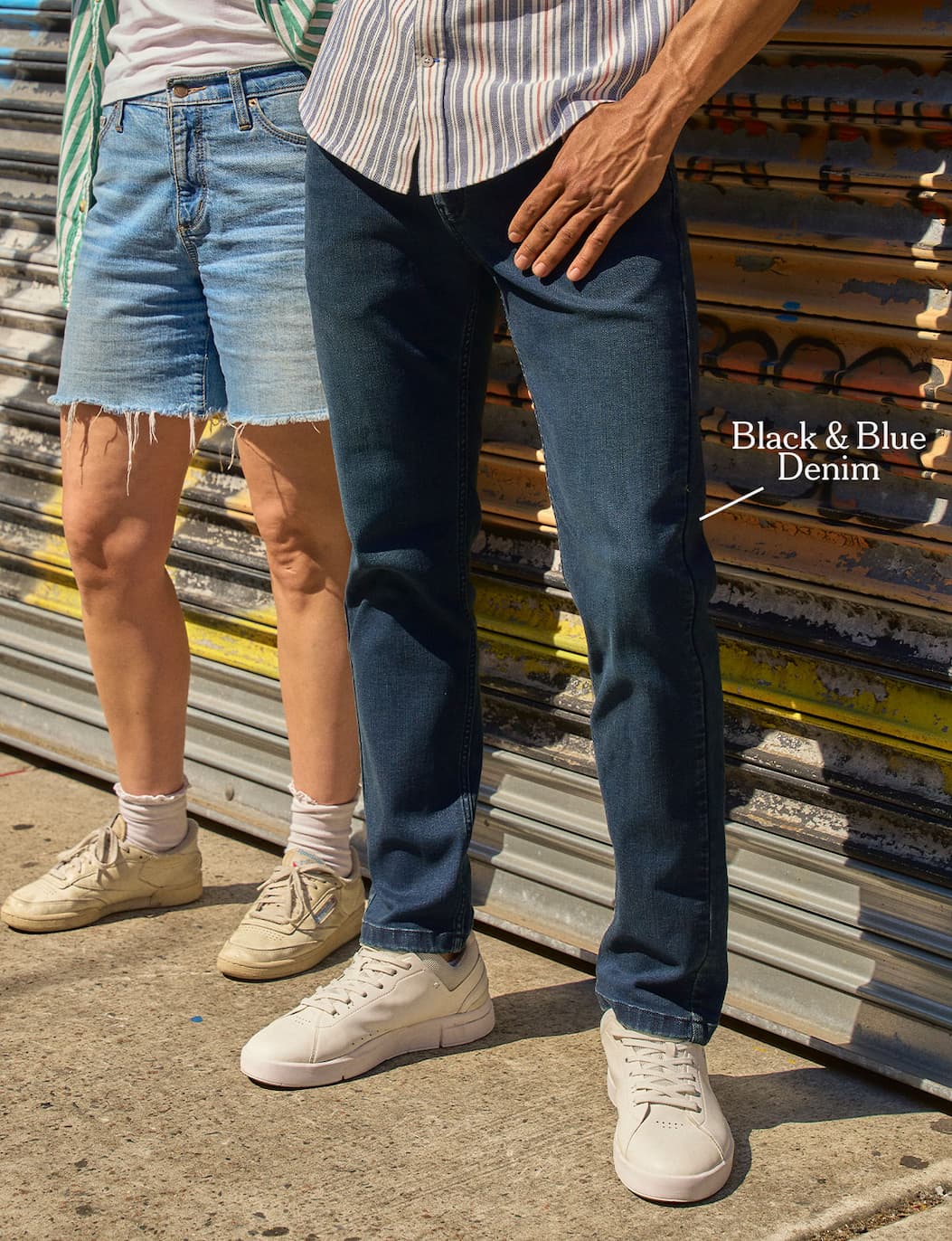 IMG of man in Dylans. Callout: Black & Blue Denim.