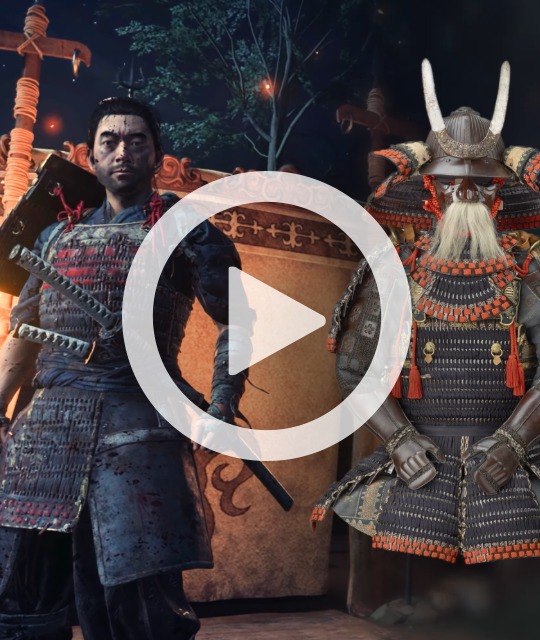 A samurai character from the video game Ghost of Tsushima next to a samurai suit of armour from the British Museum's collection.