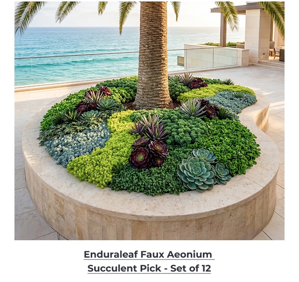 Succulents planted around palm tree base. Image Text: Enduraleaf Faux Aeonium Succulent Pick - Set of 12