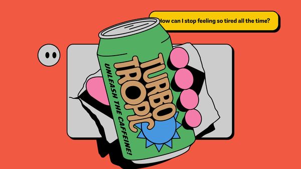Illustration of an AI chat where the user is asking How can I stop feeling so tired all the time? the chatbot's response has a hand punching out of it holding a can that says Turbo Tropic unleash the caffeine!