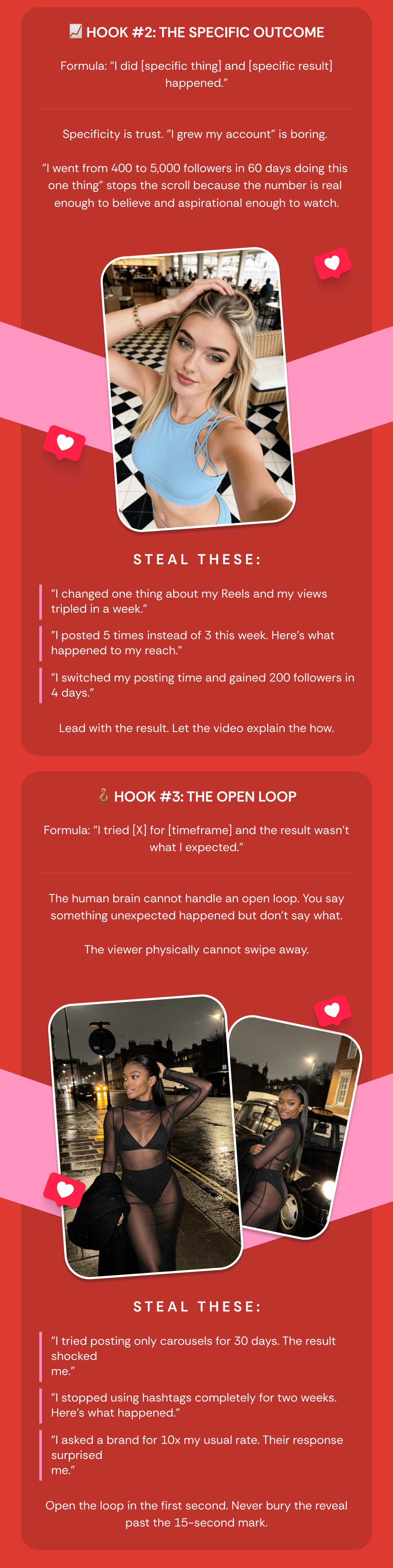 🔥 HOOK #1: THE CONTRADICTION Formula: "Everyone says [common advice]. Here's why that's wrong." It creates an instant itch. The viewer thinks they know the answer and you just told them they might be wrong. They have to stay. Steal these: "Everyone says post every day. Here's why that's killing your reach." "Everyone says use 30 hashtags. Here's what actually works in 2026." "Everyone says you need a ring light. Here's what matters more." State the contradiction in the first second. Prove it in the next 15. Close with the real advice. 📈 HOOK #2: THE SPECIFIC OUTCOME Formula: "I did [specific thing] and [specific result] happened." Specificity is trust. "I grew my account" is boring.   "I went from 400 to 5,000 followers in 60 days doing this one thing" stops the scroll because the number is real enough to believe and aspirational enough to watch. Steal these: "I changed one thing about my Reels and my views tripled in a week." "I posted 5 times instead of 3 this week. Here's what happened to my reach." "I switched my posting time and gained 200 followers in 4 days." Lead with the result. Let the video explain the how. 🪝 HOOK #3: THE OPEN LOOP Formula: "I tried [X] for [timeframe] and the result wasn't what I expected." The human brain cannot handle an open loop. You say something unexpected happened but don't say what.  The viewer physically cannot swipe away. Steal these: "I tried posting only carousels for 30 days. The result shocked me." "I stopped using hashtags completely for two weeks. Here's what happened." "I asked a brand for 10x my usual rate. Their response surprised me." Open the loop in the first second. Never bury the reveal past the 15-second mark.