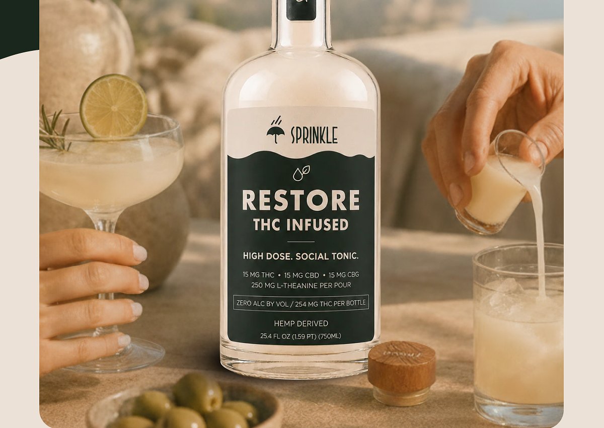 Sprinkle restore thc infused high dose. Social tonic. 15 mg thc. 15 mg cbd. 250 mg l-Theanine per bottle. Zero alc by vol. 25.4 fl oz (750 ML).
